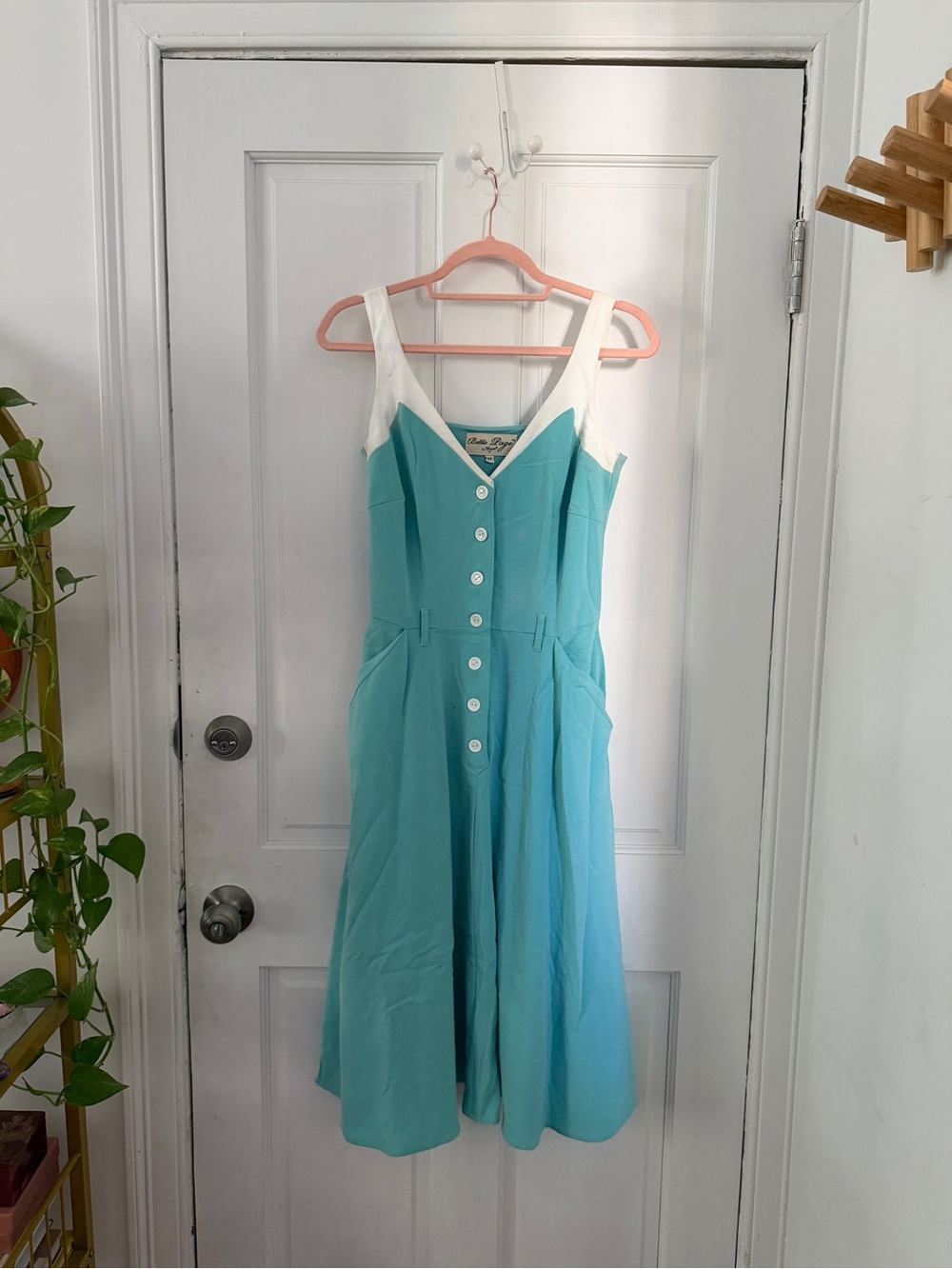 Bettie Page Turquoise and White Vintage-Inspired A-Line Midi Dress